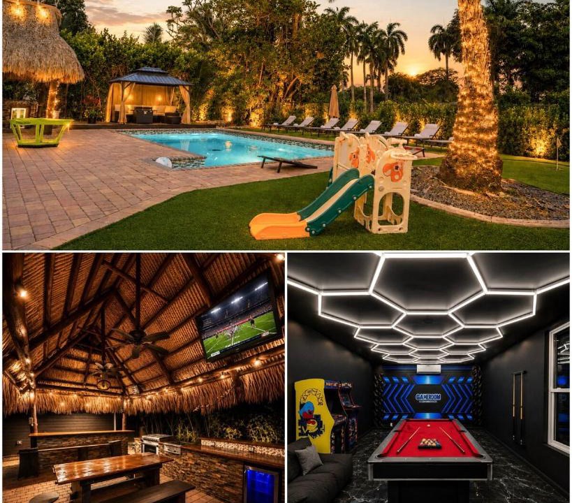 North Central Hollywood Villa | Tiki Oasis with kitchen - Game Room - Fire Pit - 4BR Retreat - Pool