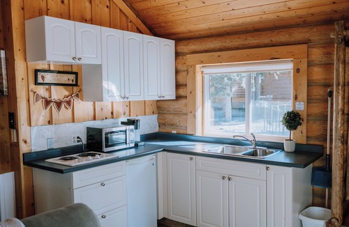 Red Deer River Crossing Cabin | Aster Cabin: Mountain Getaway | Sleeps 5 | Kitchen