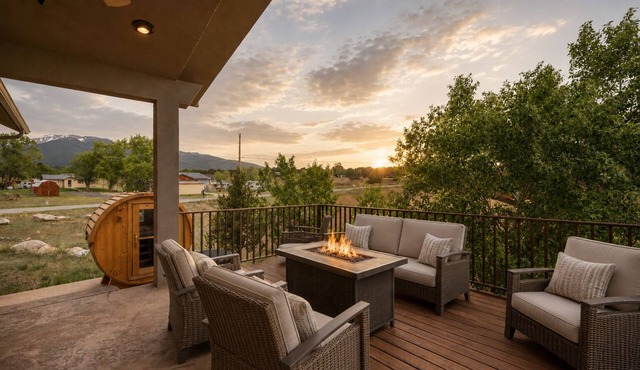 🏔️ Rustic mountain retreat w/stunning views 🫧 Hot tub, barrel sauna & refreshing cold plunge ✨ Two outdoor living spaces with fire table, grill & smoker 💦 Steam shower in primary suite 🍽️ Indoor-outdoor gathering spaces perfect for